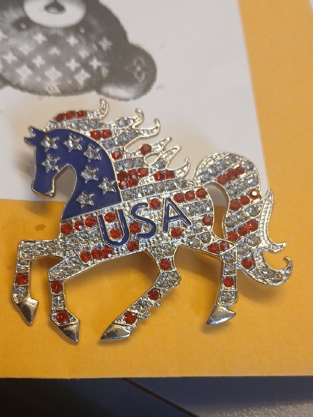 USA Rhinestone Horse Pin brooch - Red, White & Blue